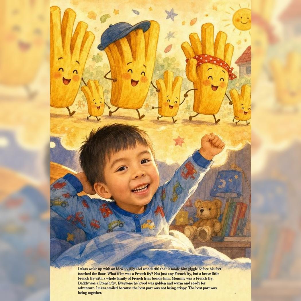 Printed proof page from Lukas and the French Fry City showing Lukas in a bright French Fry City scene
