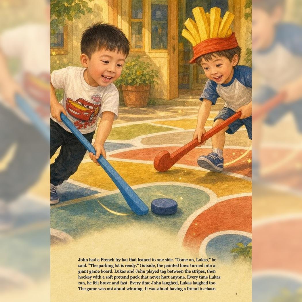 Printed proof page from Lukas and the French Fry City showing Lukas playing hockey with a friend