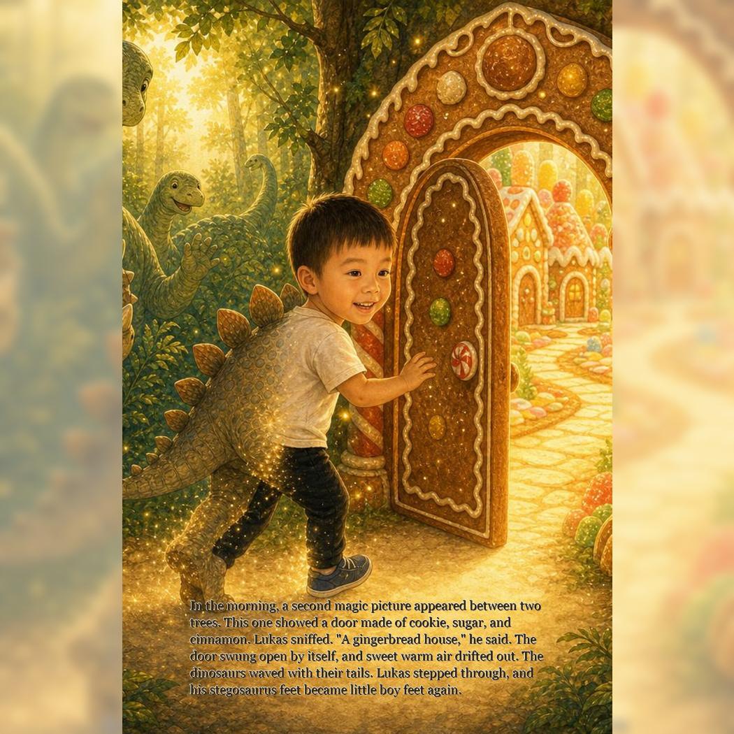 Printed proof page from Lukas and the French Fry City showing Lukas entering a gingerbread doorway