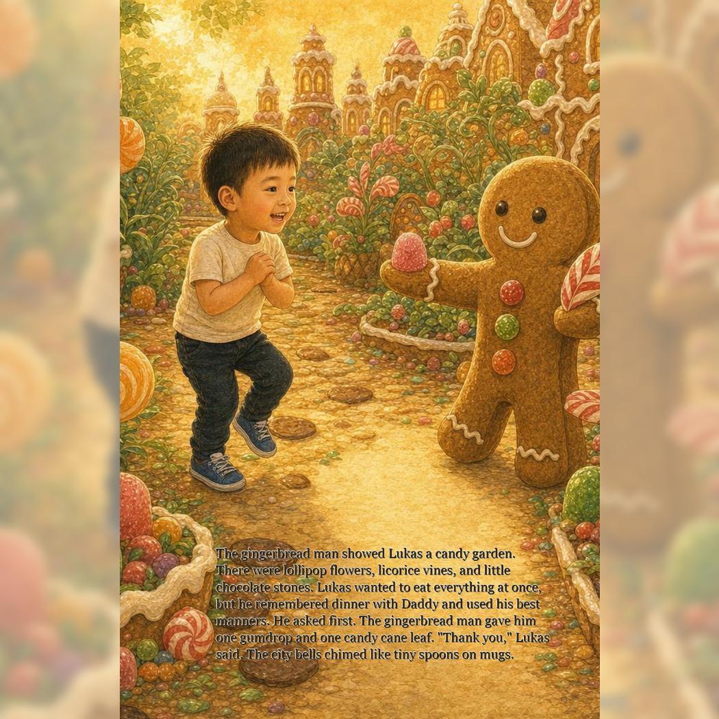 Printed proof page from Lukas and the French Fry City showing Lukas meeting a gingerbread friend