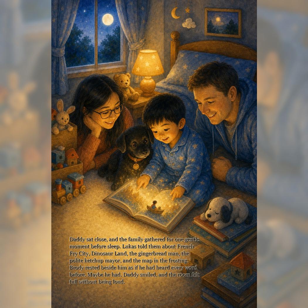 Printed proof page from Lukas and the French Fry City showing a family reading a glowing story map