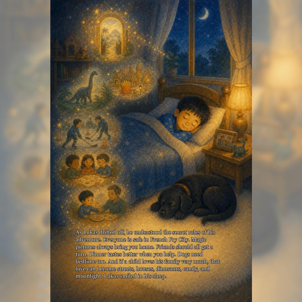 Printed proof page from Lukas and the French Fry City showing Lukas asleep with dream scenes around the room