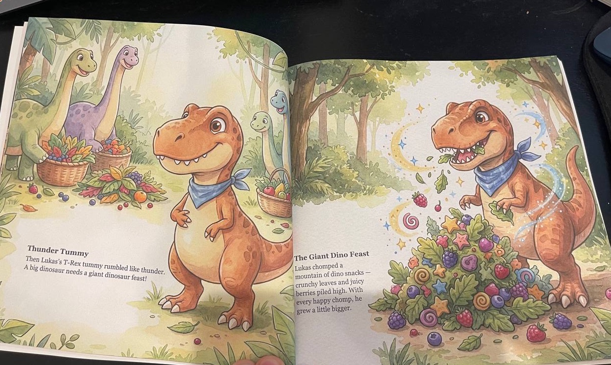 Photo of an open printed hardcover sample showing a dinosaur feast spread