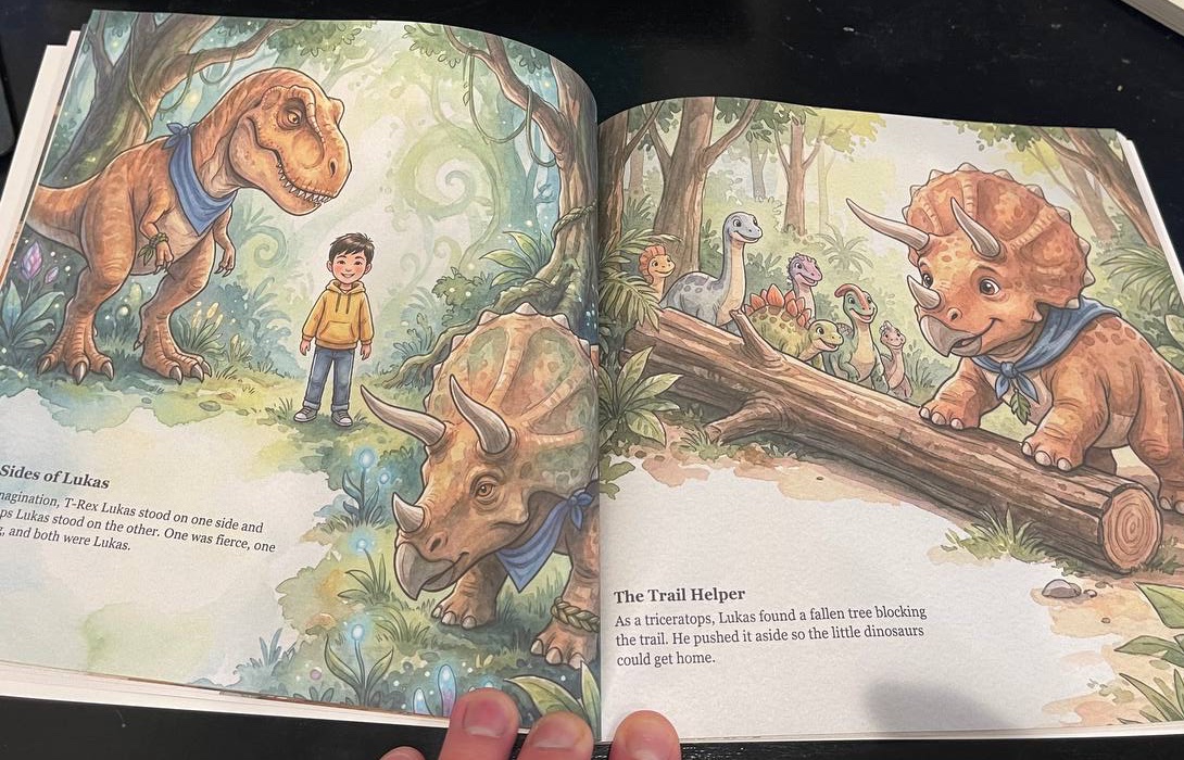 Photo of an open printed hardcover sample showing hands holding a story spread