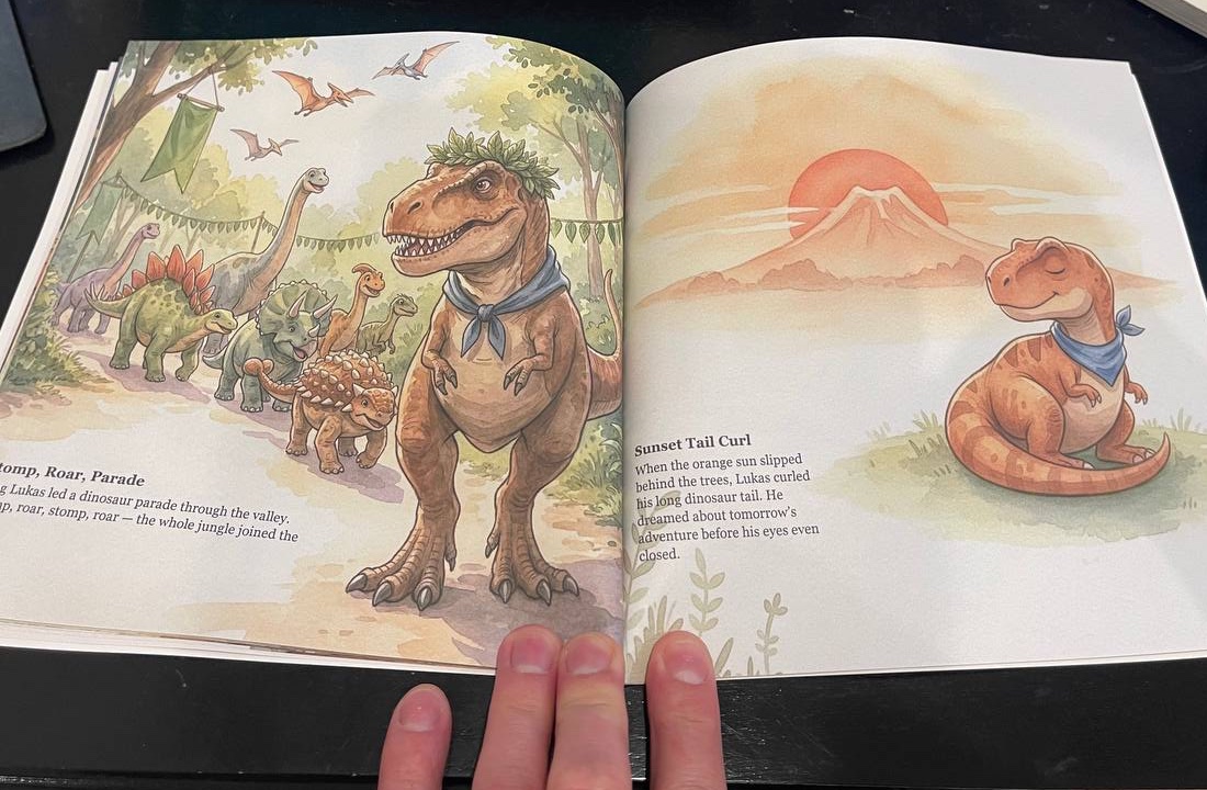 Photo of an open printed hardcover sample showing a dinosaur parade spread