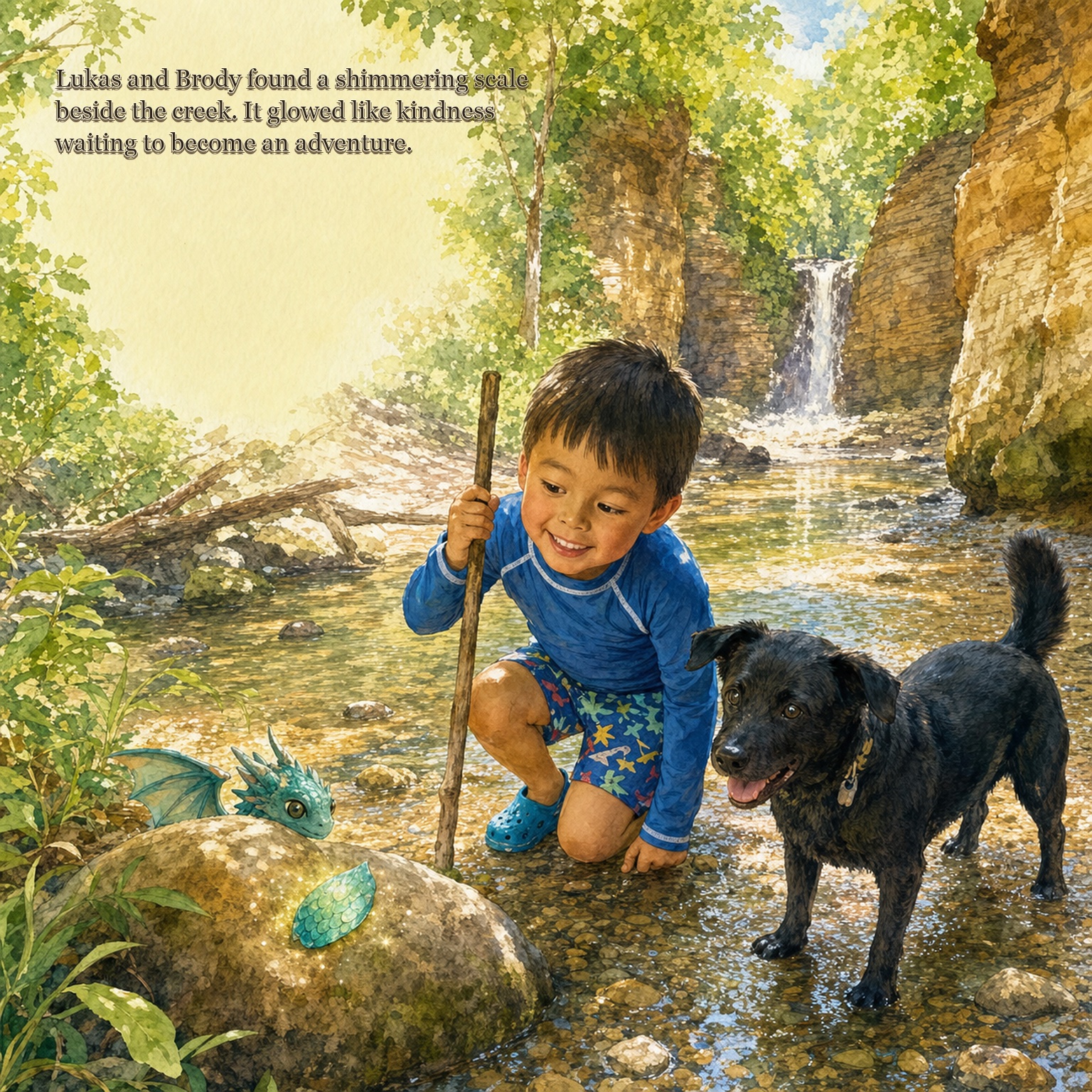 Digital sample page from Lukas and the Kind Dragon showing Lukas and Brody by a creek