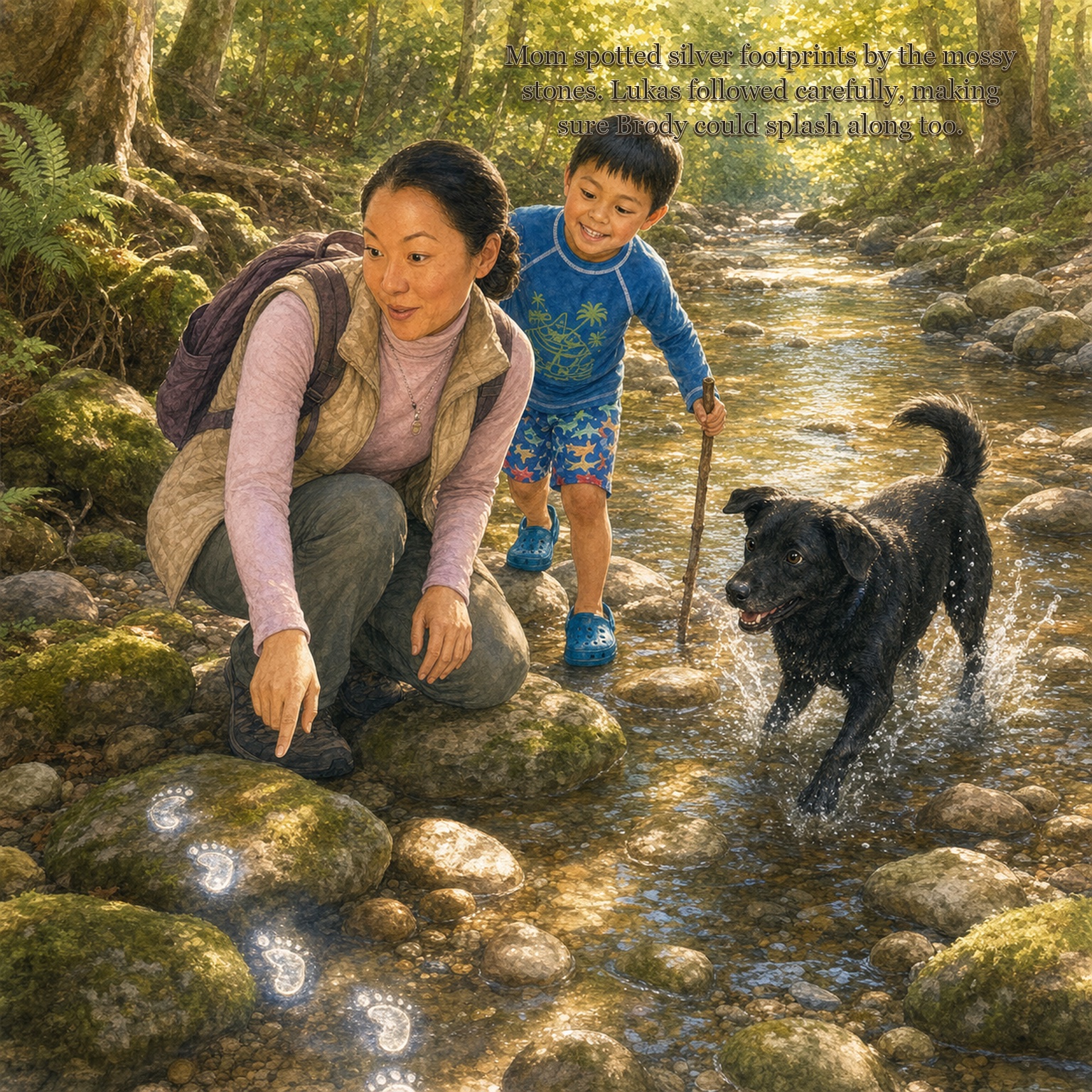 Digital sample page from Lukas and the Kind Dragon showing Lukas, Mom, and Brody near creek stones