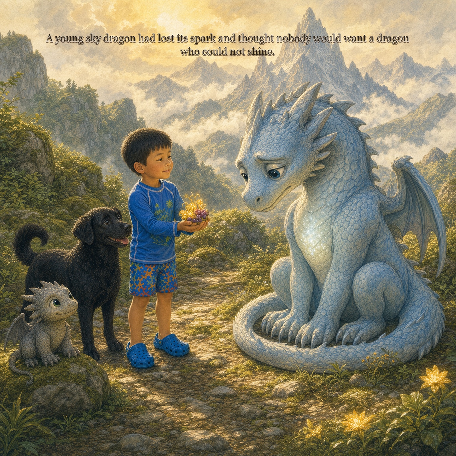 Digital sample page from Lukas and the Kind Dragon showing Lukas meeting a blue dragon