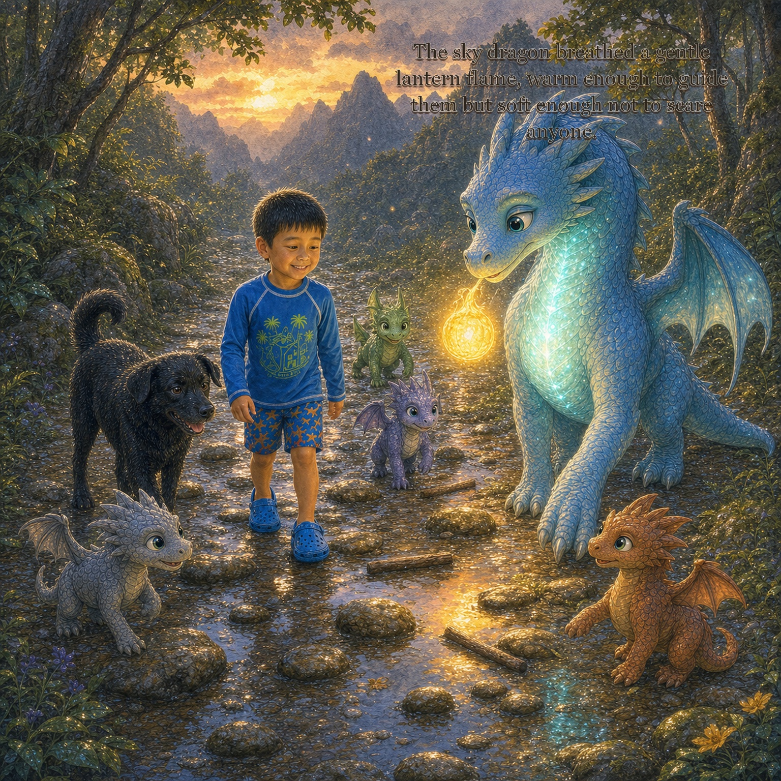 Digital sample page from Lukas and the Kind Dragon showing Lukas holding a dragon lantern at dusk