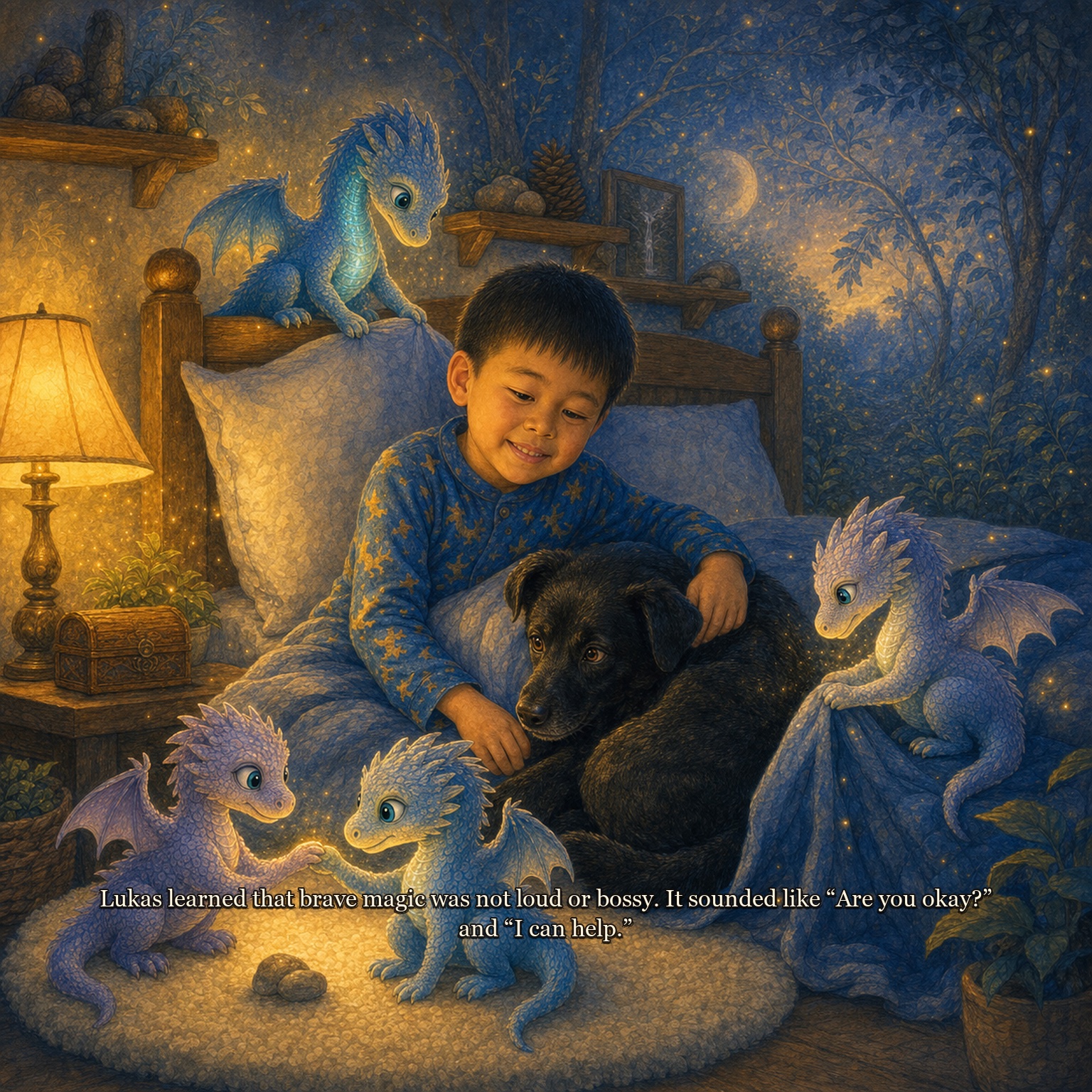 Digital sample page from Lukas and the Kind Dragon showing bedtime with Brody and little dragons